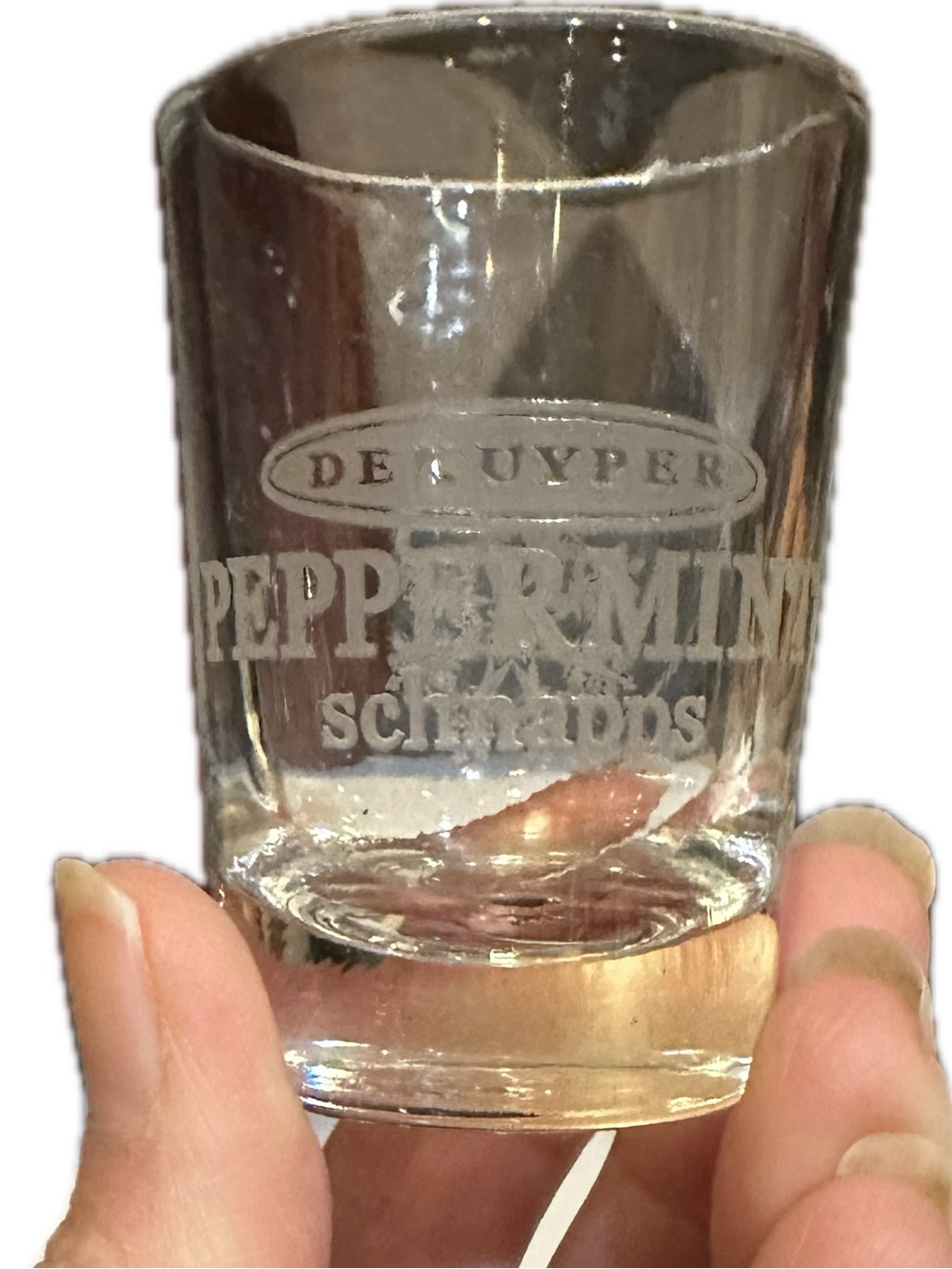 VTG DE KUYPER CRISA PEPPERMINT SCHNAPPS CLEAR ETCHED SHOT GLASS BAR DRINKWARE